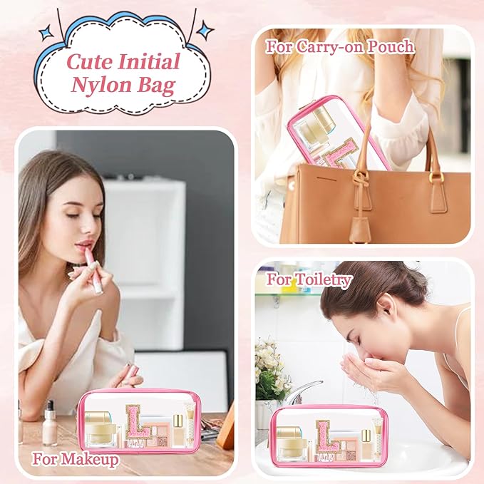 Small Clear Personalized Initial Makeup Bag,Nylon Preppy A-Z Chenille Letter Patch Cosmetic Pouch Beach Toiletry Bag,Waterproof Zipper Travel Purse Storage Bag Organizer for Women Girls(Pink-Pink L)