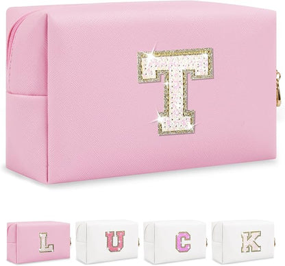 Personalized Initial Letter Makeup Bag, Small Preppy Glitter Letters Cosmetic Pouch PU Waterproof Zipper Travel Toiletry Bag, Unique Letters Patch Makeup Organizer Gift for Women Teen Girls(Letter T)