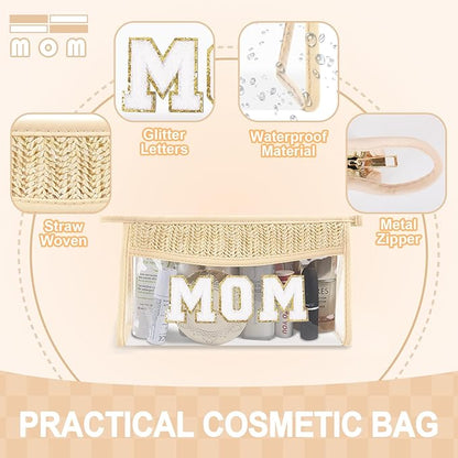 Small Boho Straw Clear Mom Makeup Bags for Women&Girls, Zipper Cosmetic Bag Chenille Varsity Letter Patch Bag, Preppy Cute Toiletry Pouch, Trendy Organizer Storage Bag for Beach Travel Essentials