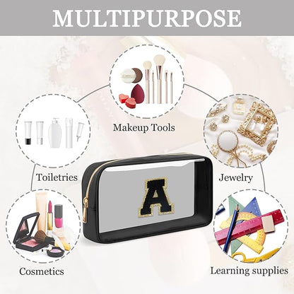 Small Clear Personalized Initial Makeup Bag,Nylon Preppy A-Z Chenille Letter Patch Cosmetic Pouch Beach Toiletry Bag,Waterproof Zipper Travel Purse Storage Bag Organizer for Women Girls(Black-Black A)