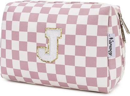 Narwey Birthday Gifts for Teen Girls Kids Women Personalized Initial Checkered Makeup Bag Pink Monogram Cosmetic Bag Trendy Stuff 6 8 10 11 12 13 14 16 18 Years Old Travel Toiletry Bag (Dusty Rose J)