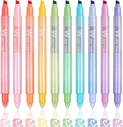 Erasable Highlighters, 10 Pastel Highlighters Assorted Colors, Dual Tip Cute Erasable Highlighter Pens No Bleed Through for Bullet Journaling, Bible Study, School Office Supplies