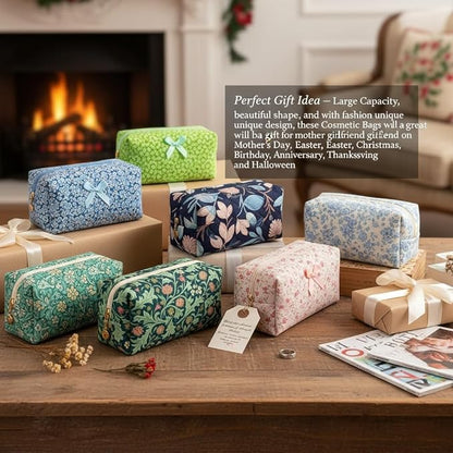 Floral Cotton Makeup Brush Cosmetic Bag for Women & Men, Travel Quilted Zipper Pouch, Large Capacity Flowers Toiletry Organizer, Kawaii Makeup Storage Case, Cosmetic Travel Cloth Bag-Garden Green