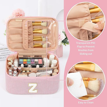 OCHEAL Makeup Bag for Women, Monogram Cosmetic Bag with Brush Holder, Pink Travel Makeup Case Beauty Toiletry Bag Organizer Personalized Gifts for Girls Bridesmaid, Sister, Wife, Friends Initial Z