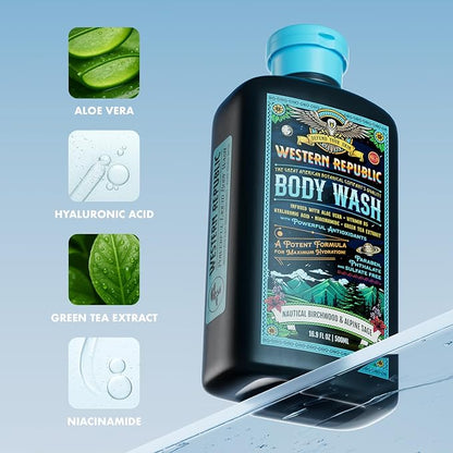 Men's Body Wash | Nautical Birchwood & Alpine Sage Scent and | Hydrating & Anti-Aging Formula with Aloe, Niacinamide & Hyaluronic Acid (2 Pack) | Made in USA