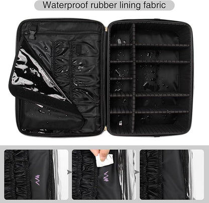 Relavel Extra Large Makeup Case and Makeup Brush Holder Bag, Professional Makeup Organizer, Large Capacity with Adjustable Dividers and Shoulder Strap (Black)