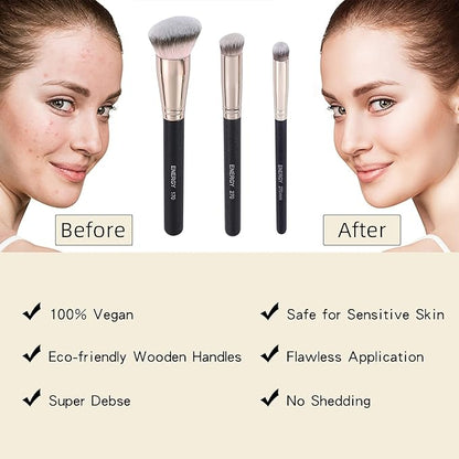 ENERGY Makeup Brush Set Professional 3pcs Foundation Concealer Detail Brushes Soft Synthetic Bristles Vegan Face Makeup Brushes for Liquid Cream Powder Flawless Blending Buffing with Travel Case