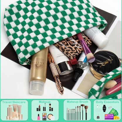 2 Pieces Makeup Bag Set, Small Checkered Cosmetic Bag Travel Toiletry Organizer Mini Green Cosmetic Pouch Case Makeup Brushes Quilted Aesthetic Accessories Storage Bag for Women (Large+Mini Green)