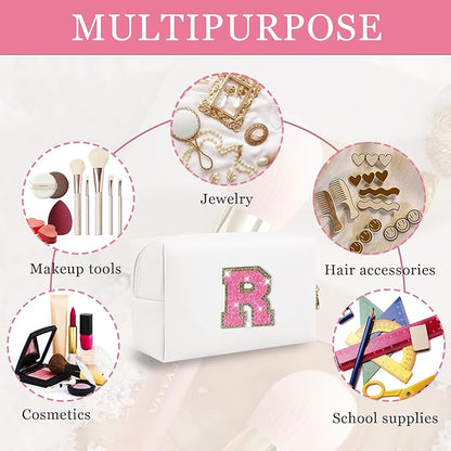 Personalized Initial Letter Makeup Bag, Small Glitter Letter Patch Cosmetic Pouch Zipper, Preppy Makeup Organizer PU Waterproof Travel Toiletry Bag, Monogrammed Birthday Gift for Women Girls