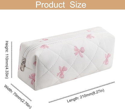 Cute Floral Cotton Makeup Brush Cosmetic Bag for Women, Travel Quilted Zipper Make Up Bag, Flowers Toiletry Organizer Case Kawaii Makeup Cosmetic Travel Cloth Pouch (Pink Bow Tie)