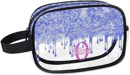 Personalized Name Clear Makeup Bag, Custom Women Transparent Cosmetic Travel Toiletry Bag Pouch Organizer for Vacation Weekend, Bright Blue Curtain Glittery