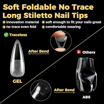 UNA GELLA Long Stiletto Gel Nail Tips, 600Pcs Pre Etched Long Stiletto Almond Nail Tips Clear Fake Nails Press on Nails No C Curve for DIY Christmas Art Salon at Home 12 Sizes