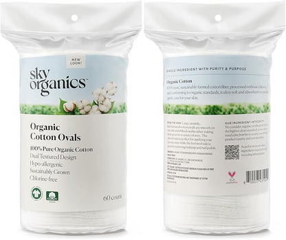Sky Organics Organic Large Oval Cotton Pads, 100% Pure Organic Cotton, GOTS Certified Cotton, Dual Textured Design, for Makeup Removal, Cleansing, Toner Application w Ebook