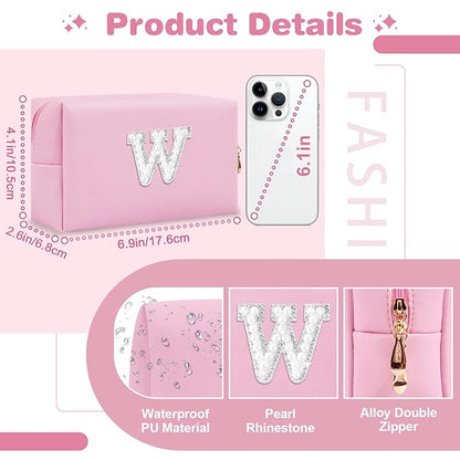 ChaoGreat Bride Gifts – Personalized Initial Makeup Bag with Pearl Rhinestone Patch, Preppy Pink Monogram Cosmetic/Toiletry Pouch, bridesmaid Gifts, Bridal Shower Gifts, Wedding Gifts, Bridal Gifts,W