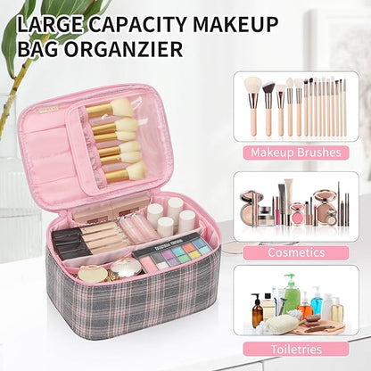 OCHEAL Makeup Bag for Women - Travel Cosmetic Organizer with Brush Slot & Divider, Large Capacity Toiletry Bag for Girls, Travel Makeup Case for everyday Make up Accessories -Pink Plaid