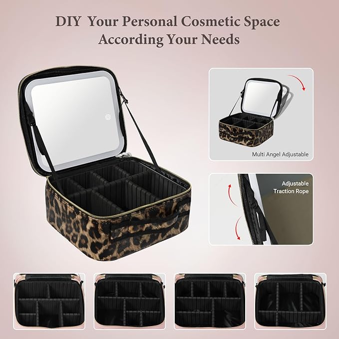 Travel Makeup Bag with LED Lighted Mirror, Cosmetic Makeup Organizer Bag with 3 Color Setting, Makeup Train Case with Adjustable Dividers for Women Makeup Brushes Jewelry Accessories