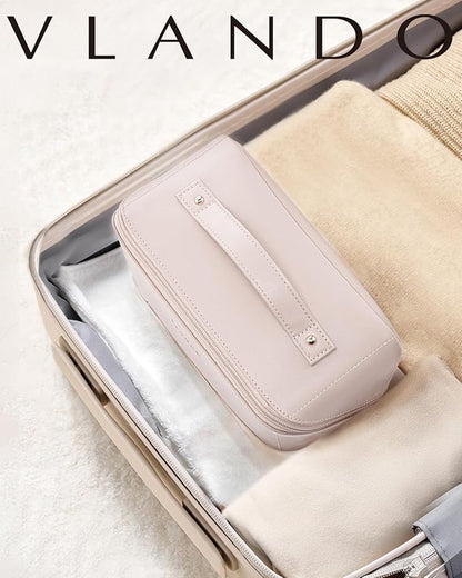 Vlando Makeup Bag,Large Capacity Toiletry Bag for Women Waterproof Portable Make up Pouch PU Leather Open Flat Cosmetic Bag(Light Pink)