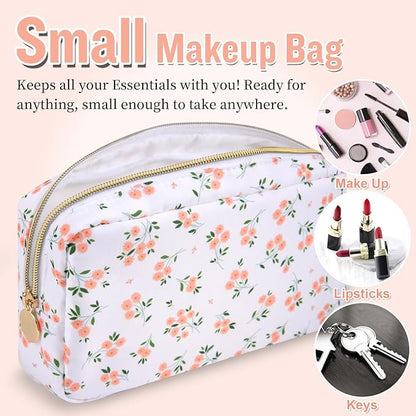 Nylon Small Floral Makeup Bag for Purse, Cute Preppy Travel Makeup Bag Flower Cosmetic Zipper Pouch Purse, Waterproof Toiletry Bag Make Up Organizer Storage Travel Essentials for Women(White-Floral)