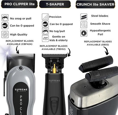 Supreme Trimmer 3-in-1 Barber Bundle | Pro Clipper Lite, DLC T-Shaper Trimmer, Crunch Lite Foil Shaver | Professional Beard Trimmer/Clipper Kit | Value Bundle 1