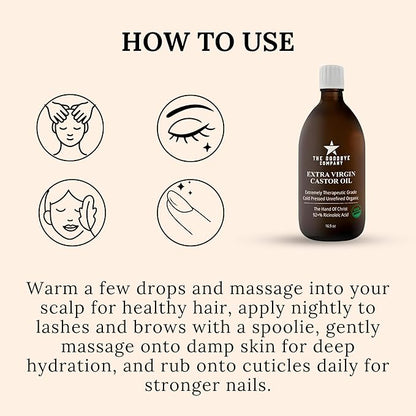 Premium Organic Cold-Pressed Castor Oil - 16.9 oz Glass Bottle, Hexane-Free, Small Batch, Extra Virgin, Ethically Sourced for Hair Growth, Skin Care, Lashes, Brows & Castor Oil Packs