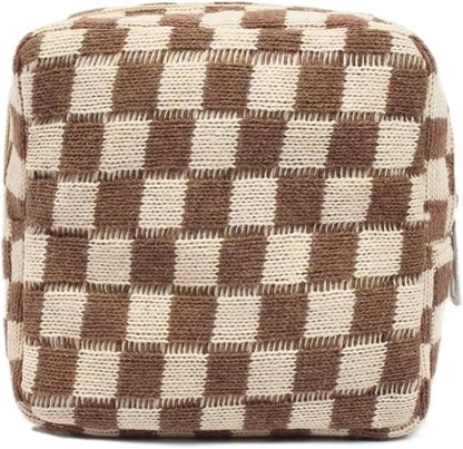 Small Brown Makeup Bag for Purse, Mini Checkered Cosmetic Bag Zipper Cute Make Up Pouch Travel Toiletry Bag Quilted Aesthetic Accessories Makeup Storage Bag Organizer for Women Girls