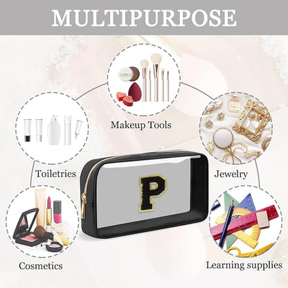 Small Clear Personalized Initial Makeup Bag, Preppy Nylon A-Z Chenille Letter Patch Makeup Organizer TSA Approved Travel Toiletry Bag,Waterproof Zip Beach Cosmetic Pouch Purse for Women(Black-Black P)