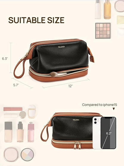 Telena Makeup Bag Large Capacity Travel Cosmetic Bag Portable PU Leather Water Resistant Makeup Organizer Bags for Women with Handle and Divider Open Flat (3-Black with Brown)