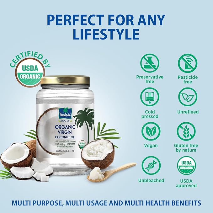 Parachute Naturalz Organic Virgin Coconut Oil | Cold Pressed | Unbleached | Unrefined | Non-Hydrogenated | MCT Oil | USDA Certified |16 Fl. Oz | Glass Jar | Pack of 2