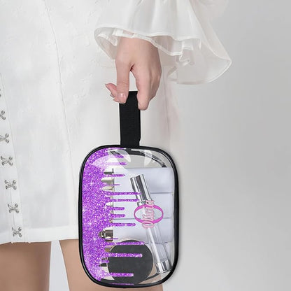 Personalized Name Clear Toiletry Bag, Large Travel PVC Cosmetic Bag Portable Makeup Organizer Bag for Women Bathroom Shower Essentials, Dark Voilet Purple Fluid Shape Glittering