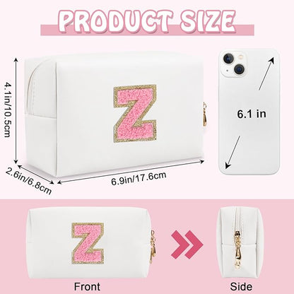 Small Initial Preppy Makeup Bag, Personalized Cute White Cosmetic Organizer Chenille Letter Travel Toiletry Zipper Pouch, Waterproof PU Leather Make Up Case Gifts for Women Girl Female Mom(Letter Z)