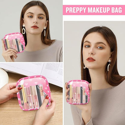 Mini Clear Travel Makeup Organizer Bag for Purse, Small Cute Preppy Pink Makeup Bag Cosmetic Zipper Pouch Purse, Transparent PVC & Nylon Waterproof Toiletry Storage Clutch for Women Girls(Pink Heart)