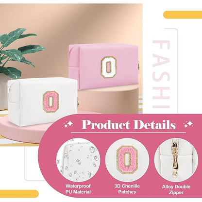 Personalized Makeup Bag Initial A-Z Preppy Patch Bag,Small PU Leather Travel Cosmetic Bag Pouch with Zipper,White Cute Toiletry Bag,Gift Ideal for Teen Girls Women Birthday Friend Mom,Letter O