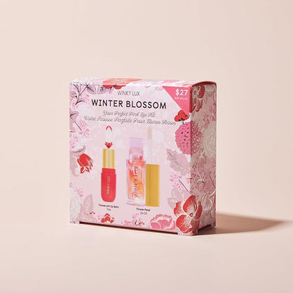 Winky Lux Winter Blossom Pink Lip Kit – Ultra Nourishing Pink Flower PH Lip Balm, Non-Sticky Hydrating Flower Petal Clear Lip Oil, Lipcare Value Set