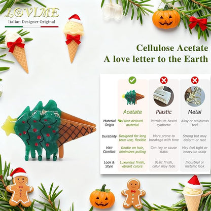 Original Italian Designed Mini Christmas Hair Claw Clips for Women, Strong Grip Plant-Based Acetate Hair Clips for Girls, Cute Christmas Tree Santa Ice Cream Hair Accessories With Gift Box 2pcs