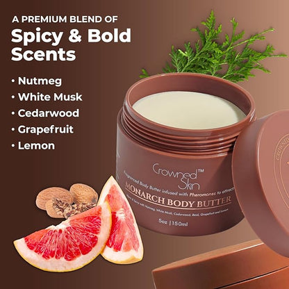 Crowned Skin Monarch Cologned Body Butter | Spicy and Bold Scent | Blended with White Musk & Cedarwood | Infused with Organic Shea & Mango Butters | Moisturizing Formula with All-Day Fragrance | 5oz