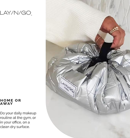 Lay-n-Go Cosmo Layflat Drawstring Cosmetic & Makeup Bag Organizer - Portable Drawstring Bag w/Zipper Pocket, Makeup Loops & More - Durable, Machine Washable Toiletry Bag for Travel (20", Black)