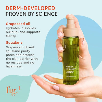 Fig.1 Micellar Oil Cleanser for Face - Makeup Remover Cleansing oil, Facial Cleanser - Squalane & Grapeseed Oil Formula, Cleanse without Clogging Pores, Acne-Prone Facial Skincare, Refillable 3.4 Oz