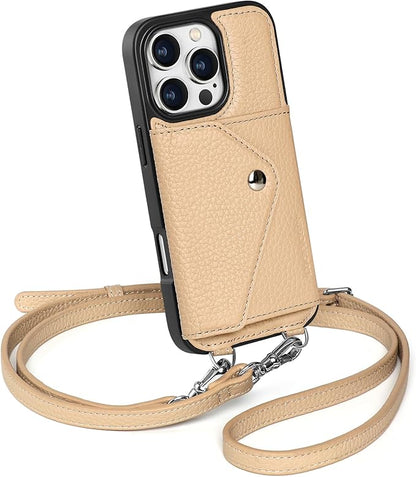 LUCKYCOIN Crossbody Wallet Phone Case for iPhone 16 Pro,100% Genuine Leather Wallet Phone Case with Expandable Flip Card Holder,Phone Purse for Women with Adjustable Removable Strap - Pebble Beige