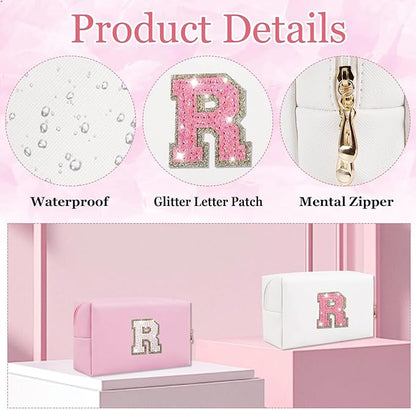 Glitter Initial Letter Makeup Bag, Small Personalized Sequins Letters PU Leather Cosmetic Bag Portable Waterproof Makeup Zipper Pouch, Shine Handbag Organizer Travel Bag Gifts for Women&Girls(White-R)