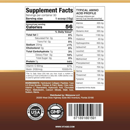 Hydrolyzed Collagen Peptides Powder with Vitamin C & Resveratrol - Hair, Skin and Nails Vitamins for Women & Men - Bone and Joint Supplement - Chocolate Flavored - 16 oz