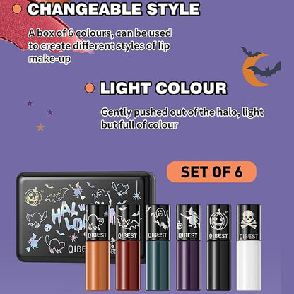 6pcs Matte Liquid Lipstick Makeup Set, Dark Black Green Purple Red Orange White Lip Gloss Kit With Case, Vivid Vampire Velvet Lip Stick for Halloween Cosplay Goth Costume Makeup