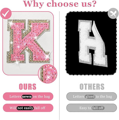 Initial Letter Patch Makeup Bag, Small Preppy A-Z Glitter Cosmetic Bag, PU Leather Waterproof Travel Toiletry Bag,Cute Make Up Pouch Personalized Monogrammed Gift for Women Teen Girls(Letter K)