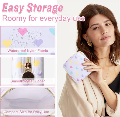 Nylon Mini Preppy Cute Makeup Bag - White Heart: Waterproof Zipper Pouch for Travel, Storage - Small Cosmetic Purse Organizer