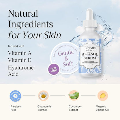LilyAna Naturals Retinol Serum - Made in USA, Anti Aging Face Serum with Hyaluronic Acid and Vitamin E, Reduces Age Spots and Sun Damage, Promotes Collagen and Elastin (Retinol, 1oz)