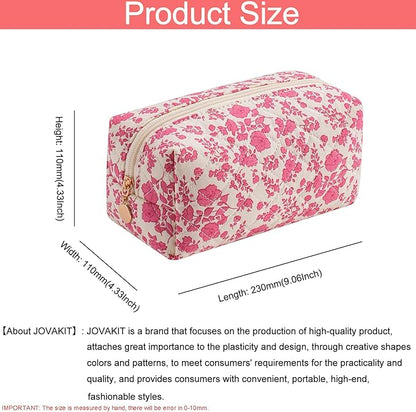 JOVAKIT Square Makeup Bag Cute Cosmetic Bag for Women, Floral Coquette Aesthetic Toiletry Bag, Zipper Make Up Pouch, Travel Make Up Organizer Bag (Pink+Bright Red Floral)