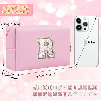 Personalized Initial Letter Makeup Bag, Small Glitter Letter Patch Cosmetic Pouch Zipper, Preppy Makeup Organizer PU Waterproof Travel Toiletry Bag, Monogrammed Birthday Gift for Women Girls