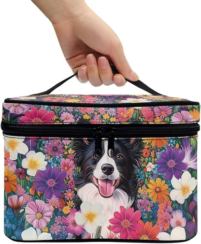 JoyLamoria Collie and Flower Cosmetic Bag Outdoor Travel Makeup Bag Cute Cosmetic Wallet Coin Purse for Teens