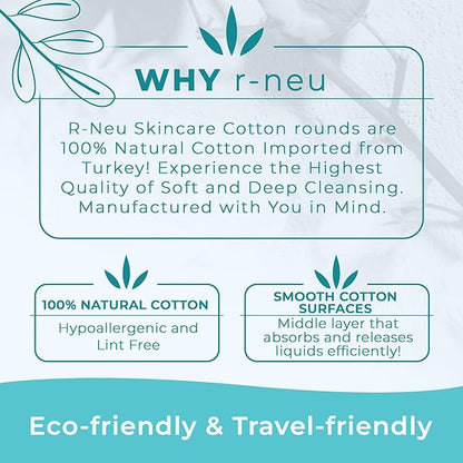 R-Neu Premium [Turkish] Cotton Rounds, 400 Count, Stitched, Waffle Textured, 100% Pure & Natural Cotton Pads for Face, Hypoallergenic Makeup Remover (4 Pack of 100)
