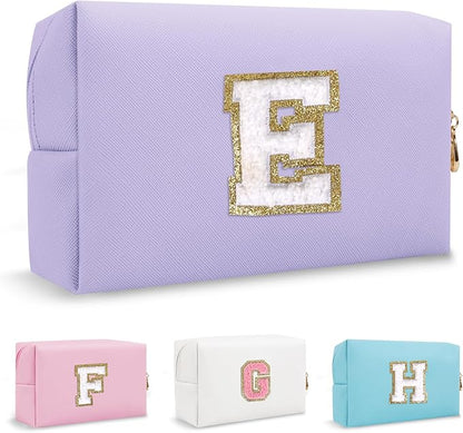 Personalized Chenille Letter Preppy Makeup Bag, Small Purple Initial Cosmetic Organizer Toiletry Zipper Pouch Monogram Make Up Storage, Waterproof PU Make Up Case Travel Essentials for Women(Letter E)