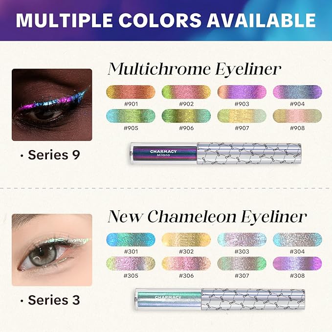CHARMACY Multichrome Eyeliner Liquid Liner, Metallic Glitter Shimmer Eyeliner, Long Lasting High Pigmented with Waterproof & Smudge Proof Formula, Ultra-Fine Tip PURPLE GOLD GREEN 903